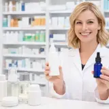 Farmaceutka prezentuje dermokosmetyki, wyjaśniając, co to jest i jak działają. W tle apteczne półki pełne produktów.