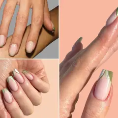 Elegancki zielony french na paznokciach w różnych stylizacjach. Delikatny beż i subtelne zielone akcenty tworzą modny manicure.