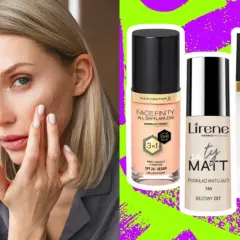 Kobieta aplikuje podkład, obok trzy buteleczki: Max Factor Face Finity, Lirene City Matt i Eveline Wonder Match – najlepsza baza pod makijaż.