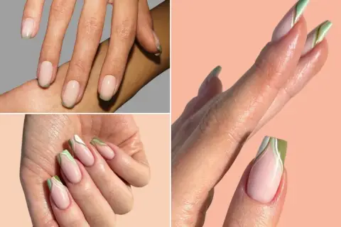 Elegancki zielony french na paznokciach w różnych stylizacjach. Delikatny beż i subtelne zielone akcenty tworzą modny manicure.
