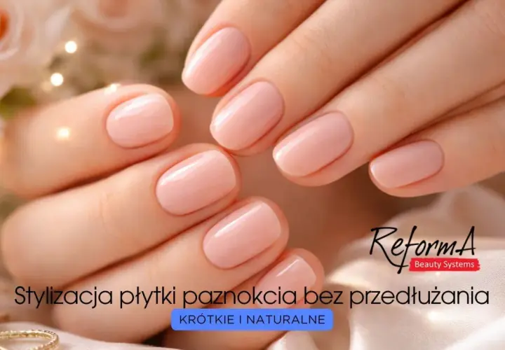 Delikatne, różowe paznokcie hybrydowe na krótkiej płytce. Stylizacja podkreślająca naturalne piękno dłoni.