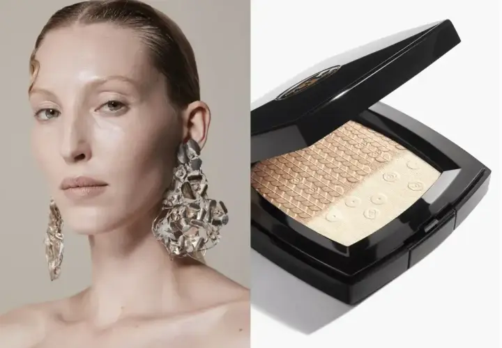 Modelka z ekstrawagancką biżuterią i rozświetlacz Chanel. Dowiedz się, jak nakładać rozświetlacz, by uzyskać efekt subtelnego blasku.