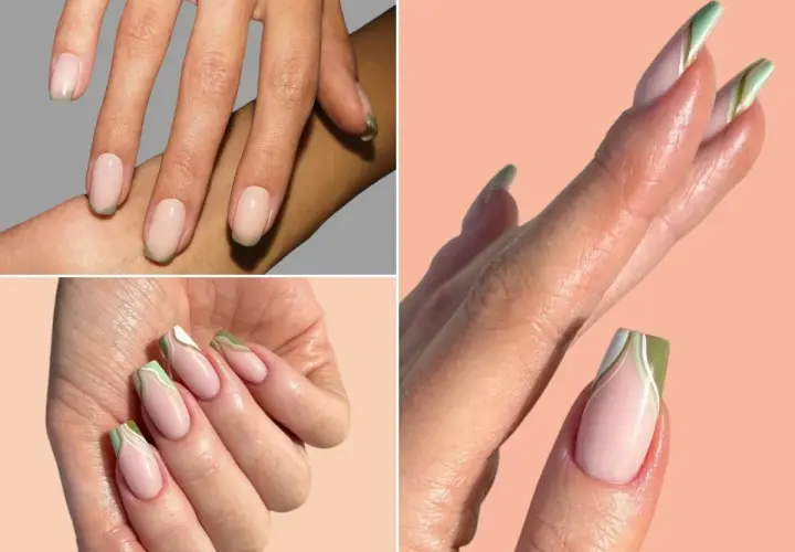 Elegancki zielony french na paznokciach w różnych stylizacjach. Delikatny beż i subtelne zielone akcenty tworzą modny manicure.
