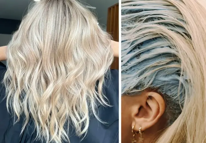Efektowne rozjaśnianie włosów do odcienia brudny blond. Widać pasma pokryte niebieską farbą, gotowe na metamorfozę.