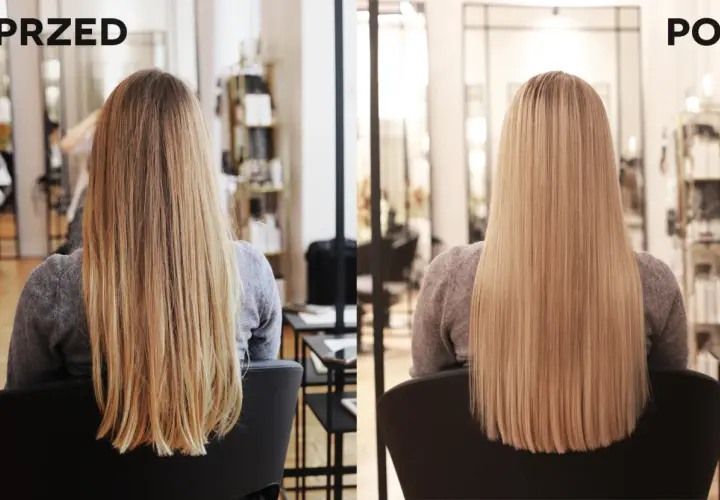 Przed i po: włosy przed i po zabiegu, uzyskany bardzo jasny blond.