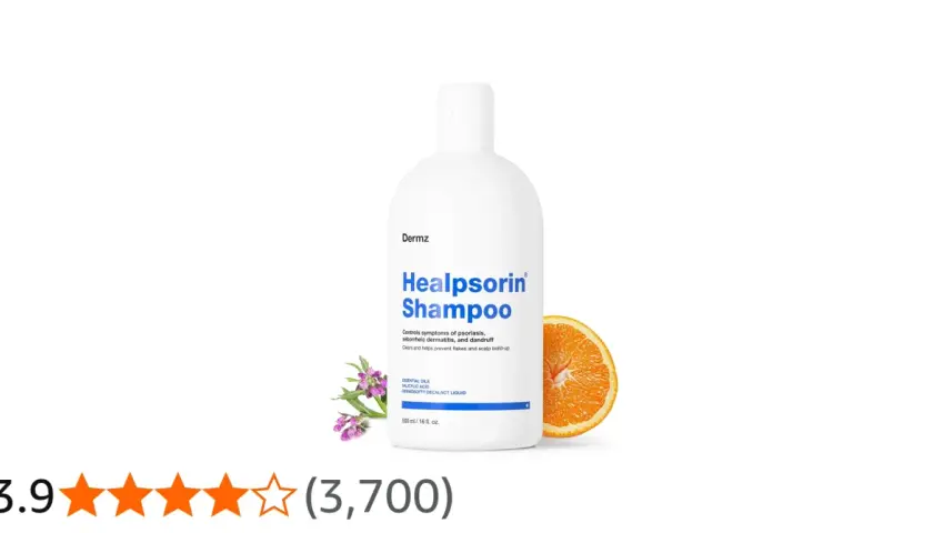 Biała butelka szamponu Healpsorin z pomarańczą i kwiatami. Produkt kontroluje objawy łuszczycy i łupieżu.