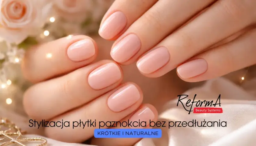 Delikatne, różowe paznokcie hybrydowe na krótkiej płytce. Stylizacja podkreślająca naturalne piękno dłoni.