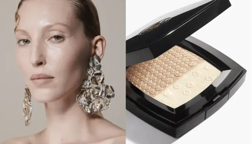 Modelka z ekstrawagancką biżuterią i rozświetlacz Chanel. Dowiedz się, jak nakładać rozświetlacz, by uzyskać efekt subtelnego blasku.