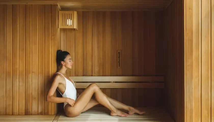 Kobieta w białym stroju kąpielowym relaksuje się w drewnianej saunie. Czy to miejsce, gdzie znajdziemy pozytywne sauna karbonowa opinie?