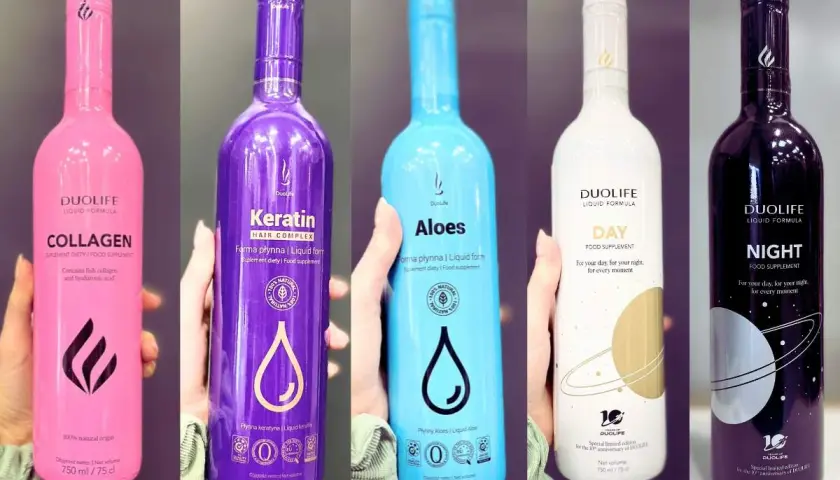 Pięć butelek suplementów diety DuoLife: Collagen, Keratin, Aloes, Day i Night. Wiele pozytywnych duolife opinie o tych produktach.