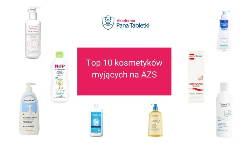 Top 10 kosmetyków myjących na AZS: Avène, HiPP, Babydream, Oilatum, Bioderma, Ziaja, Emolium, Mustela. Nivelium nie jest widoczny.