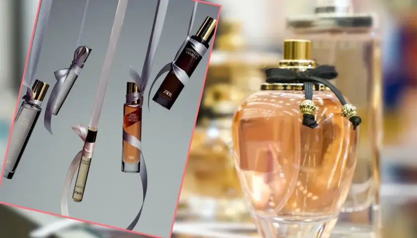 Perfumy Zara Gardenia odpowiednik. Eleganckie flakoniki z wstążkami, w tym "Hypnotic Vanilla" i "Golden Decade", obok dużej, ozdobnej butelki.