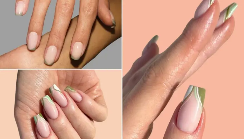 Elegancki zielony french na paznokciach w różnych stylizacjach. Delikatny beż i subtelne zielone akcenty tworzą modny manicure.