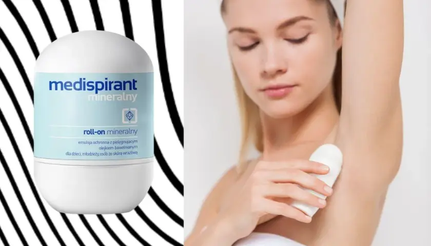 Kobieta stosuje antyperspirant Medispirant mineralny. Produkt z olejkiem bawełnianym dla skóry wrażliwej.
