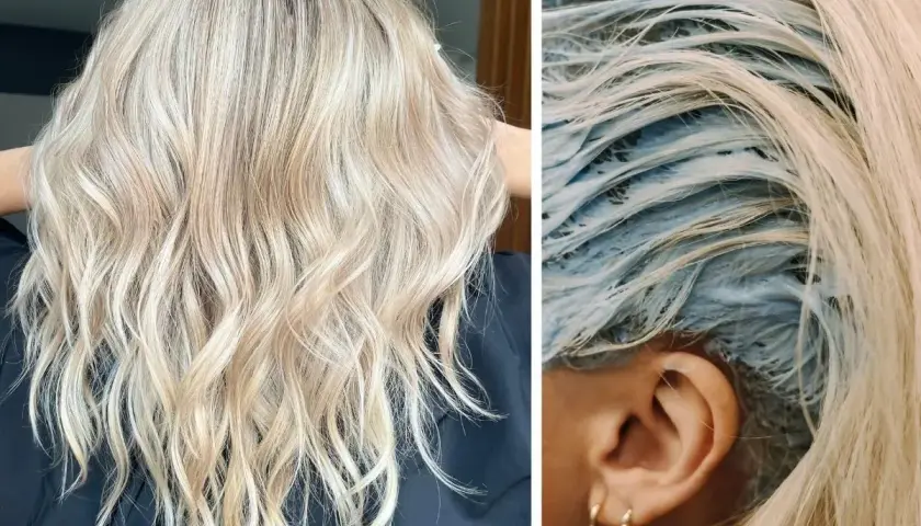 Efektowne rozjaśnianie włosów do odcienia brudny blond. Widać pasma pokryte niebieską farbą, gotowe na metamorfozę.