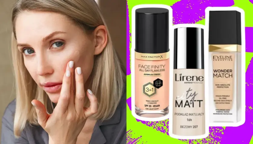 Kobieta aplikuje podkład, obok trzy buteleczki: Max Factor Face Finity, Lirene City Matt i Eveline Wonder Match – najlepsza baza pod makijaż.
