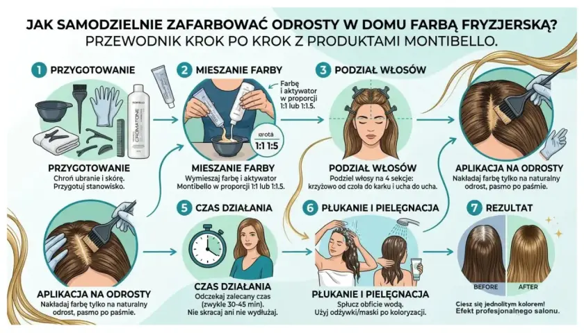 Instrukcja krok po kroku, jak samodzielnie wykonać farbowanie odrostów w domu. Zobacz, jak przygotować mieszankę, nałożyć farbę i uzyskać efekt jak z salonu.