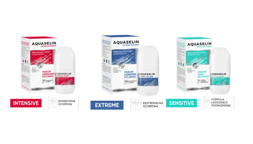 Trzy antyperspiranty Aquaselin: Intensive dla kobiet, Extreme dla mężczyzn i Sensitive dla skóry wrażliwej.