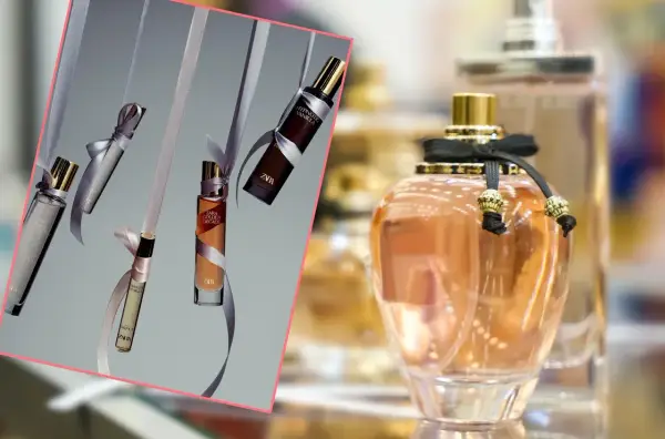 Perfumy Zara Gardenia odpowiednik. Eleganckie flakoniki z wstążkami, w tym "Hypnotic Vanilla" i "Golden Decade", obok dużej, ozdobnej butelki.